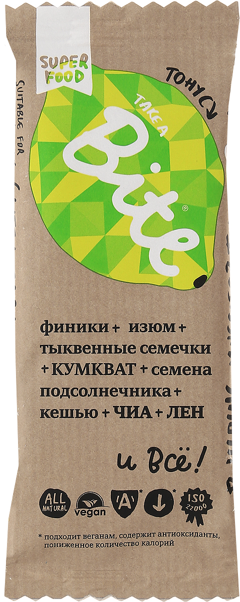 Take A Bite Тонус батончик орехово-фруктовый, 45 г4650062590092 Take A Bite Тонус батончик орехово-фруктовый, 45 г4650062590092Выжимать цитрусовые 10 раз в день - утомительное занятие, которое все же поможет вам взбодриться. Но как насчет батончика Take A Bite Тонус из дразнящего кумквата и кешью? Зарядитесь энергией на целый день! Уважаемые клиенты! Обращаем ваше внимание, что полный перечень состава продукта представлен на дополнительном изображении.