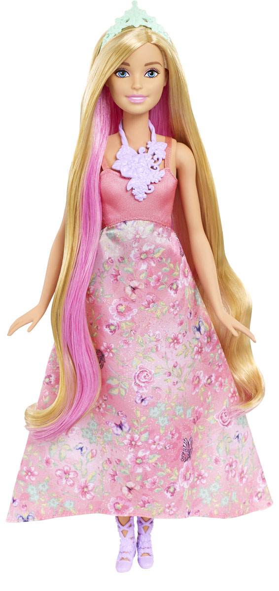 Barbie Кукла Принцесса с волшебными волосами цвет платья светло-коралловыйDWH41_DWH42 Barbie Кукла Принцесса с волшебными волосами цвет платья светло-коралловыйDWH41_DWH42Принцесса Barbie - это тройное веселье в одной кукле. Волосы этой куклы меняют цвет! У куклы длинные локоны и длинное платье с цветочным принтом на пышной юбке. У куклы три возможных цвета волос. Поверните макушку куклы, чтобы волосы стали ярко-розовыми. Смочите отдельные прядки холодной водой с помощью губки, чтобы получить фиолетовый оттенок. В комплект к кукле входят туфли, тиара и удивительное ожерелье.