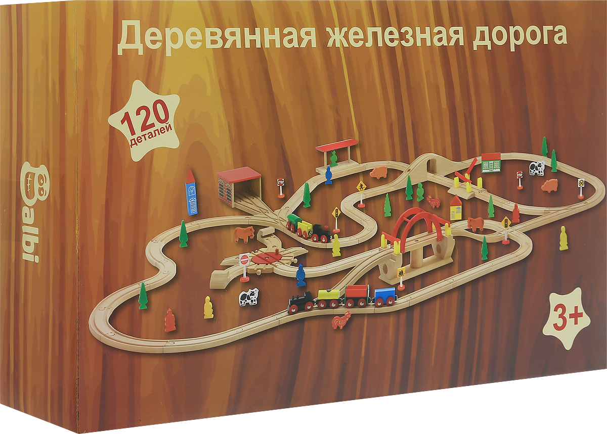 Balbi Деревянная железная дорога 120 деталейWT-041 Balbi Деревянная железная дорога 120 деталейWT-041Игровой набор Balbi Деревянная железная дорога непременно понравится вашему ребенку. Набор, состоящий из 120 деталей, изготовлен из натурального дерева твердых пород без химической обработки. Качественная обработка всех деталей набора и окраска натуральными красками обеспечивает безопасность для детей. Набор представляет собой железную дорогу со стрелками, мостами, депо и станцией. Вагоны паровозика легко соединяются с помощью магнита и без труда входят в любой поворот. А дополнительные детали, такие как фигурки, деревья и знаки, помогут ребенку создать целый маленький мир. Порадуйте своего малыша таким замечательным подарком!