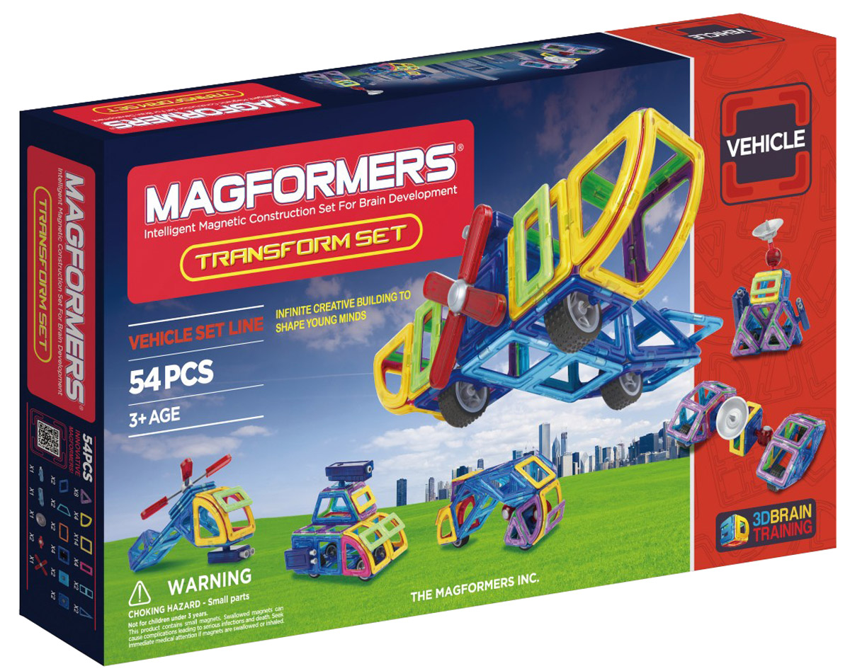 Magformers Магнитный конструктор Transform Set63089 Magformers Магнитный конструктор Transform Set63089Магнитный конструктор Magformers Transform Set прекрасно подходит для знакомства ребенка с миром авиации и техники. С ним маленький авиатор будет создавать вертолеты, самолеты и космические корабли. Набор состоит из 54 деталей: наряду с базовыми элементами это и сектор, и арка, и небольшой прямоугольник. Среди аксессуаров вы сможете найти пушку для строительства военной техники и пропеллер - для авиатехники. Одиночные колеса, которые могут выполнять функции, например, шасси для самолета или же опор для лунохода. Антенна незаменима для космической техники: вездехода, космической станции, ракеты - ведь все это станет гораздо реалистичнее с нею. Специальные вращающиеся блоки и шарниры сделают аксессуары подвижными, что, безусловно, добавит игре динамики и интереса. Магнитный конструктор Magformers Transform Set - отличный подарок для любого увлекающегося техникой ребенка!