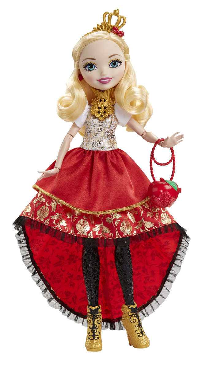 Ever After High Кукла Отважная принцесса Эппл УайтDVJ17_DVJ18 Ever After High Кукла Отважная принцесса Эппл УайтDVJ17_DVJ18Очаровательная кукла Ever After High Эппл Уайт обязательно привлечет внимание вашей маленькой любительницы сказок и волшебства. Дочь Белоснежки - ответственный и рассудительный лидер, со всей серьезностью относящийся к своим обязанностям. Стоит ей лишь взмахнуть ресницами, как мальчики и животные спешат ей на помощь. На куколке надето красивое красное платье с пышной юбкой, украшенное золотистыми узорами. Платье легко превращается в повседневный наряд. Образ дополняют золотистый ободок с короной и оригинальная сумочка в виде яблока. В руках у Эппл Уайт уникальный золотой скипетр. Длинные белокурые волосы куклы очень мягкие и послушные, их приятно расчесывать и создавать различные прически. В комплект также входит кольцо для девочки. У куклы шарнирные руки и ноги, что позволяет придавать ей различные позы. Отправьтесь с сказку со счастливым концом с куклами Ever After High!