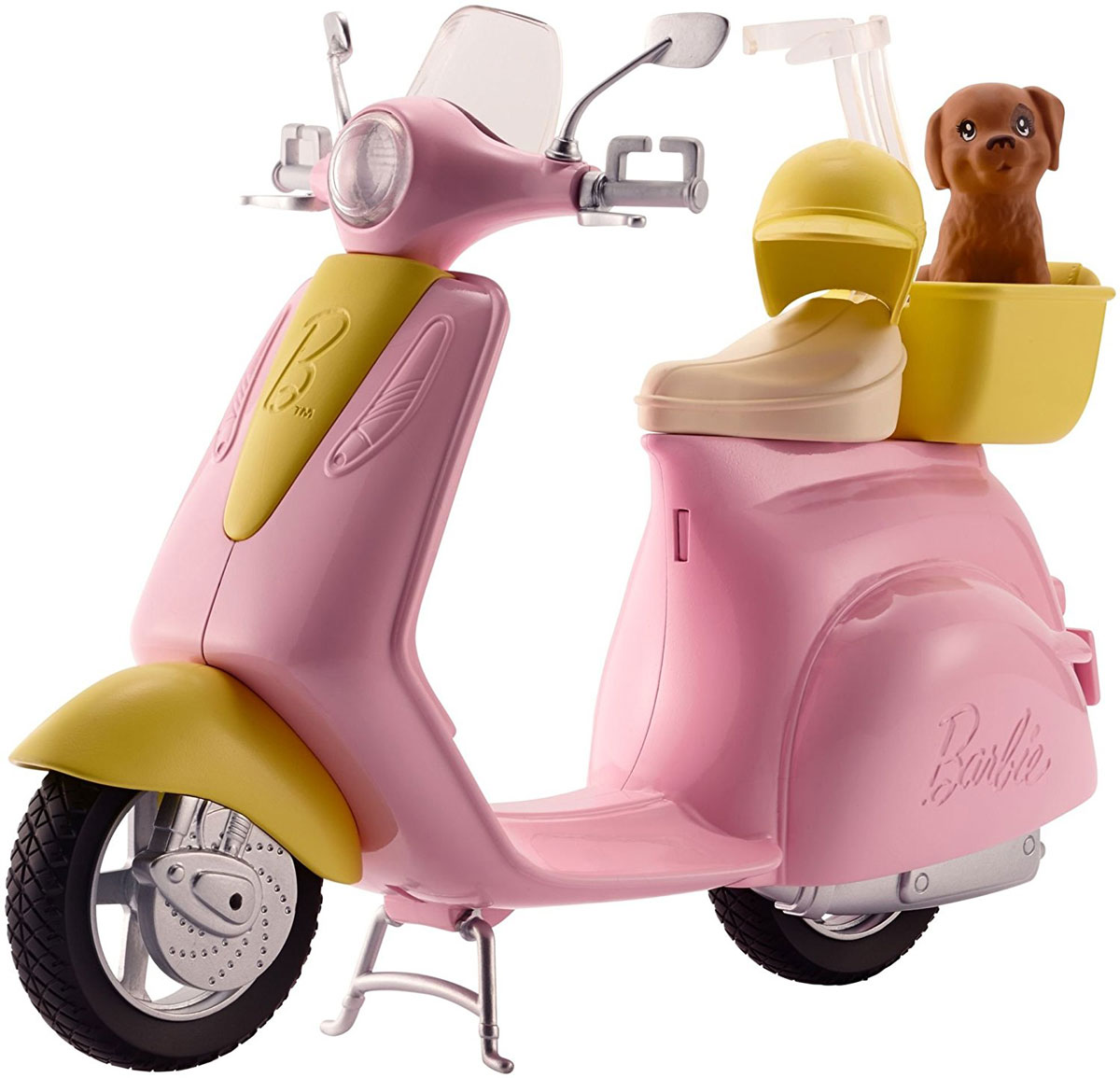 Barbie Мопед для куклыDVX56 Barbie Мопед для куклыDVX56Вперед к веселью на мопеде Barbie! В комплекте домашний питомец, готовый к прогулке! Розово-желтый корпус делают этот мопед невероятно стильным. Посадите куклу Barbie (продается отдельно) на сиденье и специальная застежка удержит ее на мопеде. Поднимите ножку-опору и отправляйтесь навстречу приключениям. Возьмите с собой щенка, усадив его в желтую корзину сзади, а желтый шлем сделает поездку безопасной. Отправляйтесь на прогулку или вперед навстречу приключениям!
