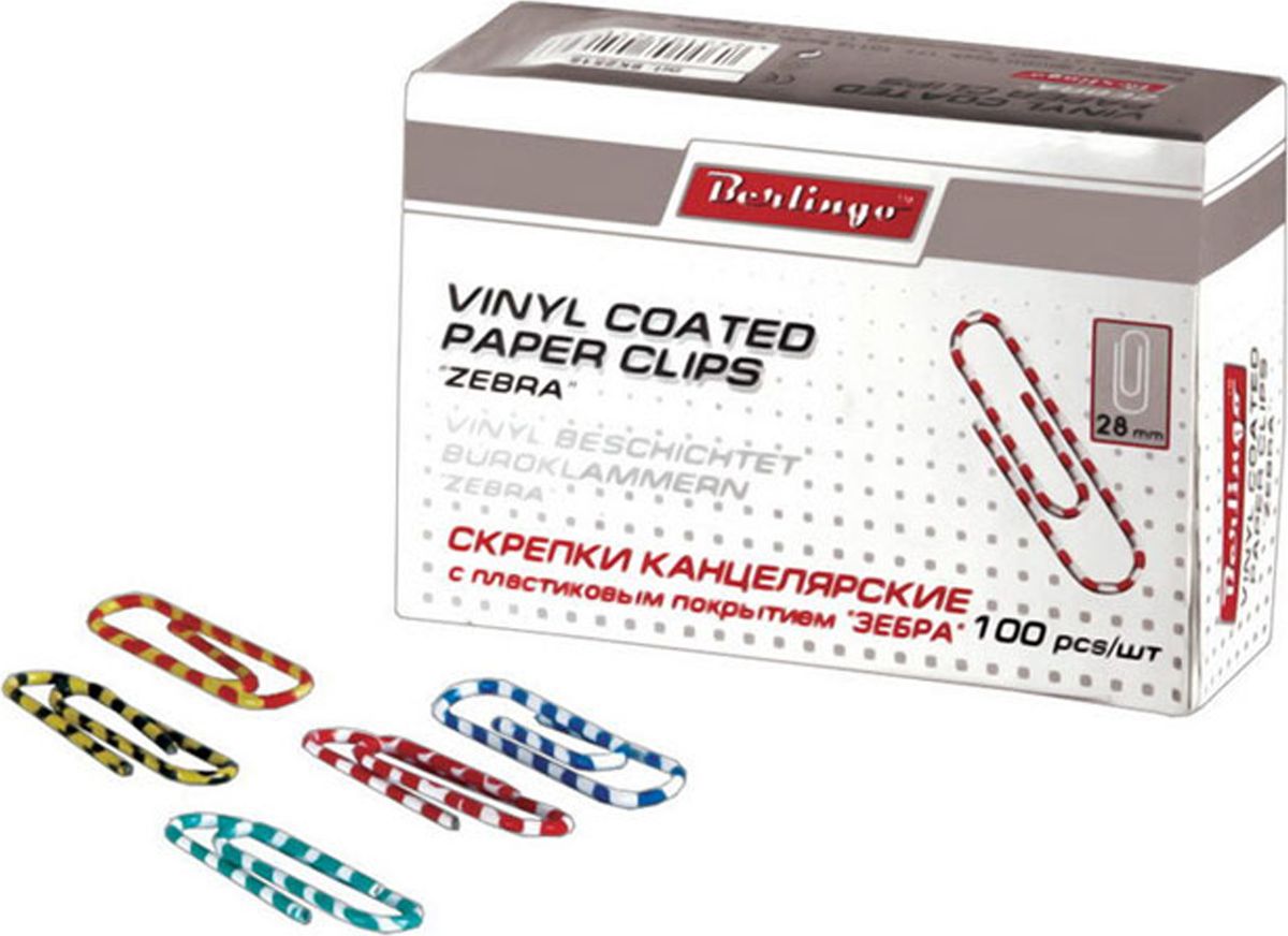 Berlingo Скрепки Зебра 28 мм 100 шт BK2515BK2515 Berlingo Скрепки Зебра 28 мм 100 шт BK2515BK2515Оригинальные металлические канцелярские скрепки Berlingo с цветным виниловым покрытием не ржавеют, не пачкают бумагу, обеспечивают надежное скрепление. В упаковке 100 шт.