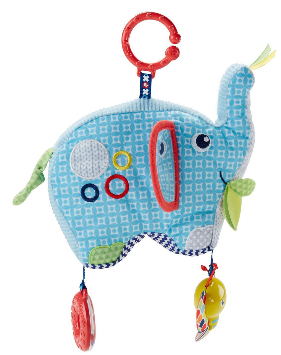 Fisher Price Развивающая игрушка СлонDYF88 Fisher Price Развивающая игрушка СлонDYF88Развивающая игрушка Fisher Price Слон - первый друг детства вашего малыша. Большой мягкий слоник выполнен из тканей разных текстур: вязаных, плюшевых, вельветовых и шуршащих. За его ухом прячется зеркальце, а еще он издает забавные звуки, когда малыш трясет его. К ножкам слона прикреплены погремушка и яркая бабочка. Прикрепите слоника за специальное пластиковое кольцо к сумке или коляске и отправляйтесь на прогулку! Играйте и развивайтесь. Различные текстуры, яркие цвета и узоры, а также отражение малыша в зеркале, помогают развивать органы чувств. Исследуя различные элементы игрушки, малыш развивает моторику. Мягкий и дружелюбный слон поможет ребенку чувствовать себя защищенным и счастливым.