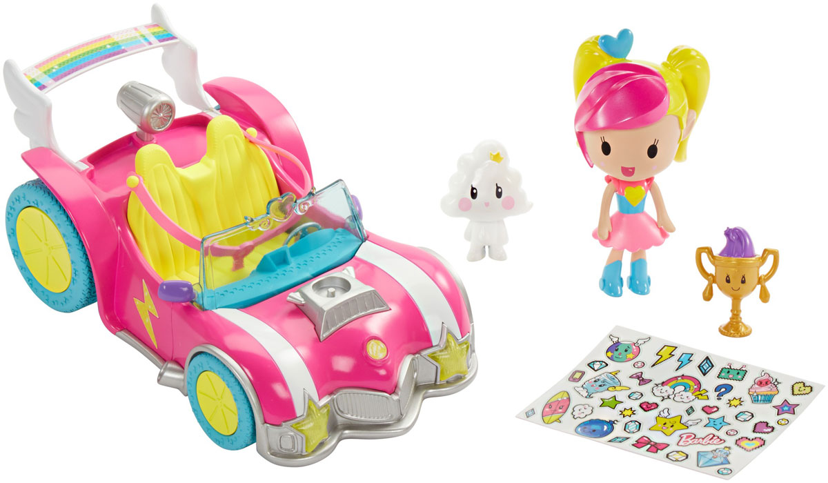 Barbie Игровой набор с мини-куклой Video Game HeroDTW18 Barbie Игровой набор с мини-куклой Video Game HeroDTW18Игровой набор с мини-куклой Barbie Video Game Hero посвящен новому мультфильму Barbie и виртуальный мир. Мини-кукла одета в трико с сердечком и готова к приключениям. Украсьте автомобиль куклы молниями, сердечками и звездочками (набор наклеек входит в комплект). Играйте с двухмерными персонажами-вырезками и найдите трофей. Он дает право открыть уникальные дополнения для видеоигры, если использовать его в приложении Barbie Life. Соберите всех кукол линейки Barbie и виртуальный мир и создайте свою собственную игру.