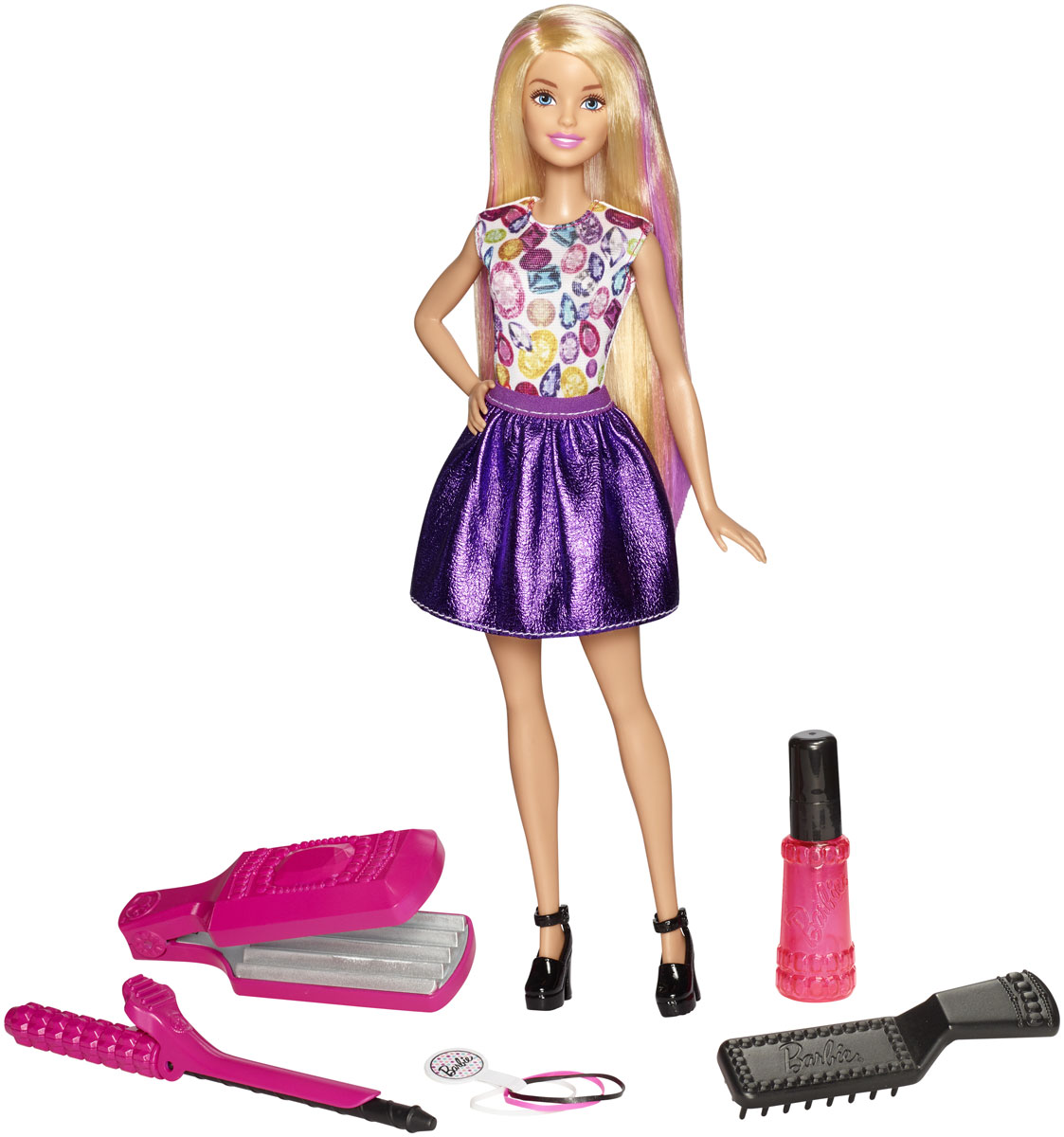 Barbie Кукла Цветные локоныDWK48_DWK49 Barbie Кукла Цветные локоныDWK48_DWK49Попробуйте себя в роли парикмахера вместе с куклой Barbie Цветные локоны! Щипцы, плойка и расческа из набора не требуют нагревания. Возьмите прядь волос куклы и смочите их теплой водой с помощью распылителя. Зажмите прядь щипцами, чтобы выровнять их, или накрутите на плойку, чтобы завить. Подержите несколько секунд и отпустите. Волосы куклы не просто удержат форму, но и поменяют цвет. Чтобы сделать новую прическу распустите волосы, намочите их и расчешите. Все готово! Кукла одета в яркую футболку, блестящую юбку и стильные туфли.