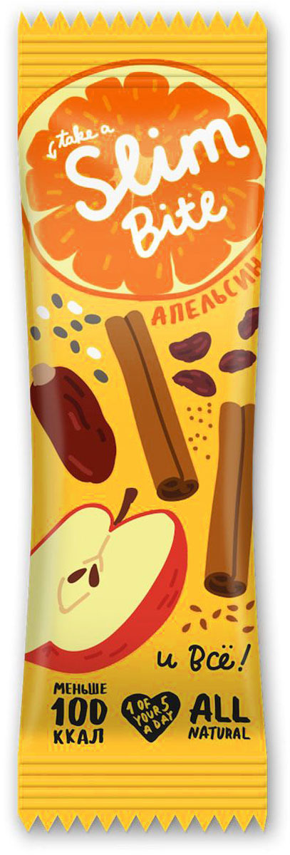 Take A Slim Bite Апельсин батончик фруктово-ягодный, 30 г4650062591259 Take A Slim Bite Апельсин батончик фруктово-ягодный, 30 г4650062591259Создать солнечное настроение легко со Slim Bite Апельсин. Сочный апельсин в сочетании с фиником, яблоком и корицей удивит ярким вкусом, а натуральные витамины укрепят иммунитет и придадут тонус.