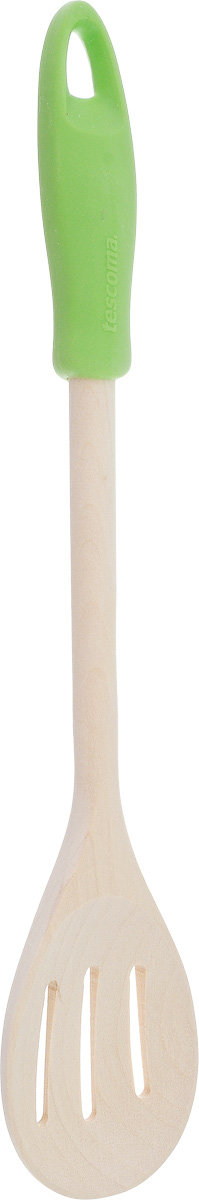 Ложка с отверстиями Tescoma Presto Wood, цвет: зеленый, длина 30 см637210_зеленый Ложка с отверстиями Tescoma Presto Wood, цвет: зеленый, длина 30 см637210_зеленыйЛожка с отверстиями Tescoma Presto Wood изготовлена из экологически чистого материала - качественной березовой древесины, обладающей уникальной текстурой. Элегантная ручка имеет противоскользящую обработку, что дает возможность удобно и комфортно пользоваться ложкой. Такая кухонная принадлежность подходит для всех видов посуды, а также замечательна для посуды с антипригарным покрытием. Ложка с отверстиями Tescoma Presto Wood станет вашим незаменимым помощником на кухне, а также это практичный и необходимый подарок любой хозяйке! Нельзя мыть в посудомоечной машине. Размер рабочей поверхности: 5,5 х 7,8 см. Общая длина ложки: 30 см.