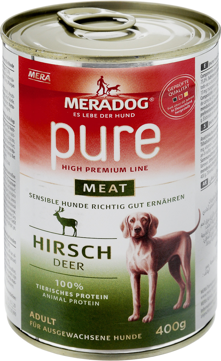 Консервы для собак Meradog Pure Meat, c олениной, 400 г53004 Консервы для собак Meradog Pure Meat, c олениной, 400 г53004Консервы для собак Meradog Pure Meat - полнорационный корм, представляющий собой фарш из нескольких видов мясного сырья оленя (мясо, качественные субпродукты). Этот беззерновой корм идеально подходит для привередливых собак, а также для собак с пищевыми проблемами и аллергиями. Благодаря содержанию исключительно натуральных компонентов корм обеспечивает организм животного всеми необходимыми минеральными веществами и витаминами. Состав: олень (73%: сердца, печень, рубцы, мясо оленя), бульон из мяса оленя, минеральные вещества. Пищевая ценность: белки 10,6%, жиры 6,7%, сырая зола 2,1%, сырая клетчатка 0,4%, влага 75%. Товар сертифицирован.