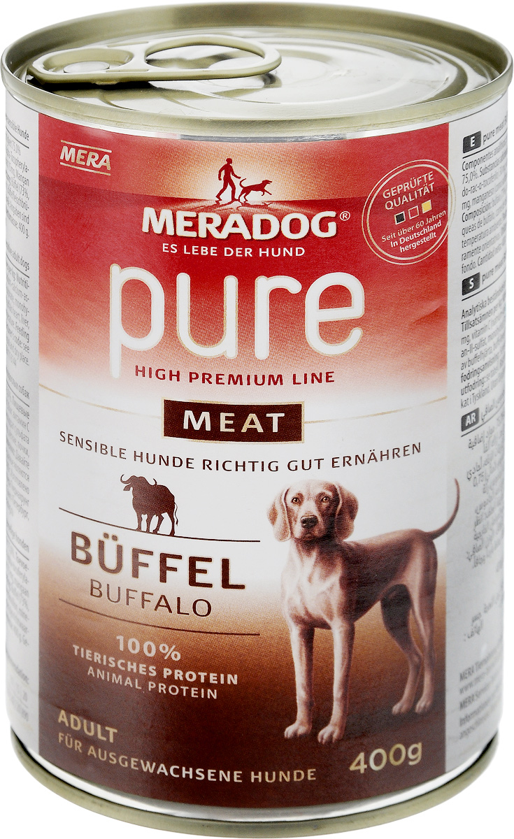 Консервы для собак Meradog Pure Meat, с буйволом, 400 г52904 Консервы для собак Meradog Pure Meat, с буйволом, 400 г52904Консервы для собак Meradog Pure Meat - полнорационный корм, представляющий собой фарш из нескольких видов мясного сырья буйвола (мясо, качественные субпродукты). Этот беззерновой корм идеально подходит для привередливых собак, а также для собак с пищевыми проблемами и аллергиями. Благодаря содержанию исключительно натуральных компонентов корм обеспечивает организм животного всеми необходимыми минеральными веществами и витаминами. Состав: буйвол (73%: сердца, печень, легкие, почки, трахеи, мясо буйвола), бульон из мяса буйвола, минеральные вещества. Пищевая ценность: белки 10,5%, жиры 6,5%, сырая зола 2%, сырая клетчатка 0,4%, влага 75%. Товар сертифицирован.