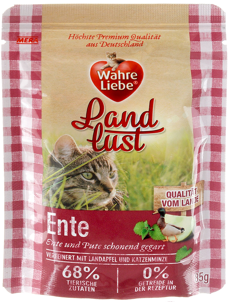 Консервы для кошек Wahre Liebe Nassfutter, с уткой и индейкой в желе с яблоком и с добавлением кошачьей мяты, 85 г33101 Консервы для кошек Wahre Liebe Nassfutter, с уткой и индейкой в желе с яблоком и с добавлением кошачьей мяты, 85 г33101Консервы для кошек Wahre Liebe Nassfutter - сбалансированный влажный корм для кошек склонных к аллергии, в период диеты а также с чувствительным пищеварением. Корм изготовлен только из свежих натуральных ингредиентов. Подходит для самых привередливых кошек. Содержание свежего мяса в каждом пакетике - не менее 68%! Состав: утка 34% (содержит сердце утки, утиную печень и утиную шею), индейка ( 34%, содержит сердце индейки, мясо и печень индейки), бульон из утки и индейки, яблоко 2%, минеральные вещества, кошачья мята 0,1%, льняное масло. Товар сертифицирован.