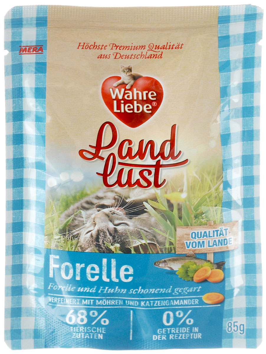 Консервы для кошек Wahre Liebe Nassfutter, с форелью и курицей в желе с морковью и с добавлением кошачьего дубровника, 85 г33201 Консервы для кошек Wahre Liebe Nassfutter, с форелью и курицей в желе с морковью и с добавлением кошачьего дубровника, 85 г33201Консервы для кошек Wahre Liebe Nassfutter - сбалансированный влажный корм для кошек склонных к аллергии, в период диеты, а также с чувствительным пищеварением. Корм изготовлен только из свежих натуральных ингредиентов. Подходит для самых привередливых кошек. Содержание свежего мяса в каждом пакетике - не менее 68%! Состав: курица (48%, содержит куриные сердечки, куриное мясо, печень, желудочки и шеи), куриный бульон, форель 20%, морковь 2%, минеральные вещества, кошачий дубровник 0,1%, льняное масло. Товар сертифицирован.