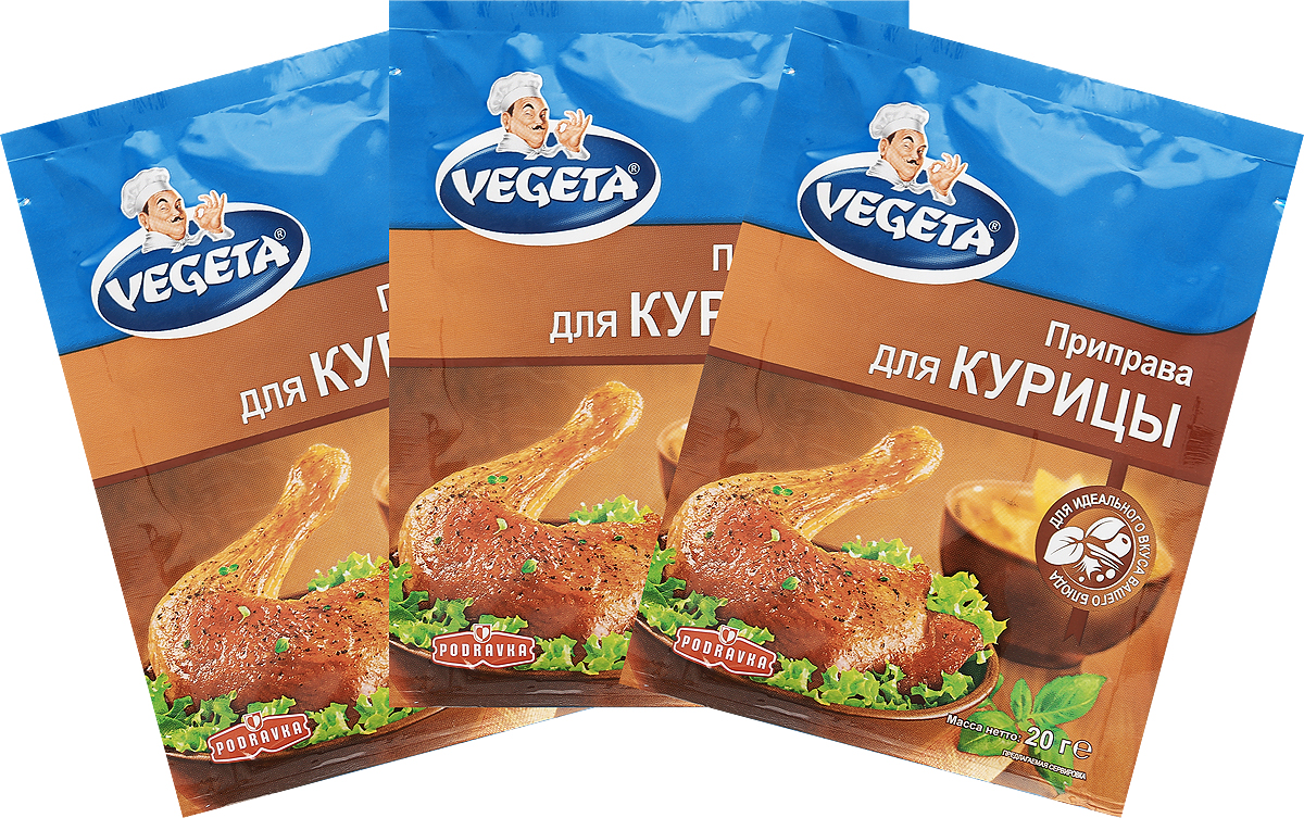 Vegeta приправа для курицы, 3х20 г3110141 Vegeta приправа для курицы, 3х20 г3110141Не важно, что было сначала: яйцо или курица. Важно, чтобы приготовленное куриное мясо было вкусным и сочным! Мясо птицы можно приготовить самыми разнообразными способами: запеченным, жареным, в соусе, в виде рулета, салата, рагу. А если рядом такой союзник, то для сомнений просто нет места: Vegeta приправа для курицы - это точный ответ на любой вопрос, касающийся мяса курицы или другой птицы. Уважаемые клиенты! Обращаем ваше внимание, что полный перечень состава продукта представлен на дополнительном изображении.
