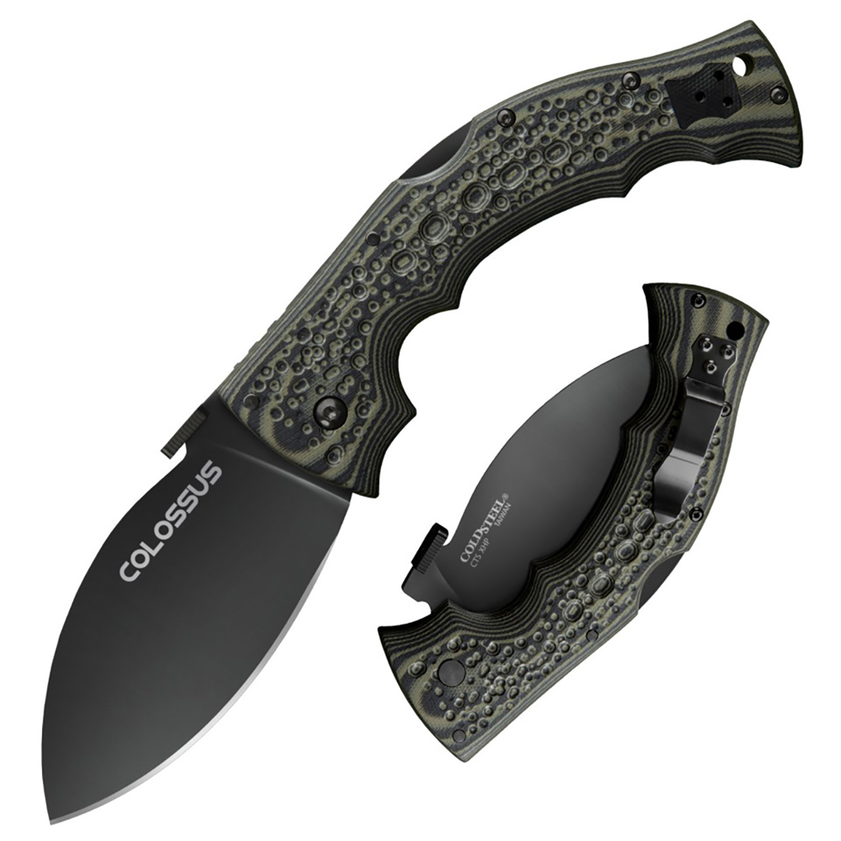 Нож Cold Steel Colossus II складной, длина клинка 10,2 смCS/28DWB Нож Cold Steel Colossus II складной, длина клинка 10,2 смCS/28DWBПредставляем новинку 2016 года - ножи Cold Steel Colossus 1 с сатиновым клинком и Colossus 2 с черным DLC клинком на премиальной порошковой стали Carpenter CTS XHP от дизайнера Майка Уоллеса. Уникальный и запоминающийся агрессивный дизайн с прочностными свойствами ручного мачете не оставят вас равнодушным! Особенности модели: огромное и плоское лезвие со спусками от обуха для надежных реза и рубки; надежный и прочный замок Tri Ad Lock; фирменная шайба на обухе для быстрого открытия клинка при зацепке из джинс; оригинальная эргономичная рукоять из стеклотекстолита G10, стилизованная под камень; съемная переставляемая клипса. Модель поражает своим индивидуальным дизайном и внушительным лезвием, при этом отлично помещается в руке и кармане брюк. Нож приятно лежит в руке и подходит под любой хват, будет отличным помощником в быту и на природе. Определенно, Колд Стил Колоссус заслуживает отдельного внимания в линейке производителя.