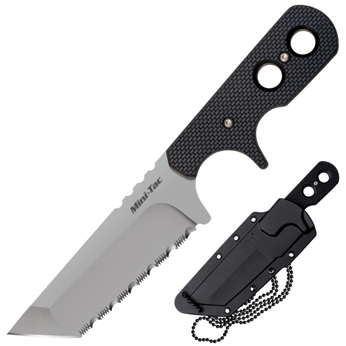 Нож Cold Steel Mini Tac, длина клинка 3 3/4, серрейторCS/49HTFSZ Нож Cold Steel Mini Tac, длина клинка 3 3/4, серрейторCS/49HTFSZСреди большого количества изделий, производимых компанией Колд Стил, нельзя обойти вниманием нож Cold Steel Mini Tac Skinner. Настоящему охотнику просто необходимо купить обе модели линейки. Экземпляры, с фиксированным, эстетически радующим взгляд, клинком изготовлены из высокопрочной стали, стойкой к коррозии и удивительно долговечной в использовании, в духе этого американского концерна. Специально нанесенные в процессе обработки царапины на лезвии придают матовость и увеличивают стойкость и надежность.Рукоять не уступает по крепости и ударопрочности клинку. Ножны, входящие в комплект, изготовлены из полимерного материала, обеспечивающего безопасность хранения и ношения