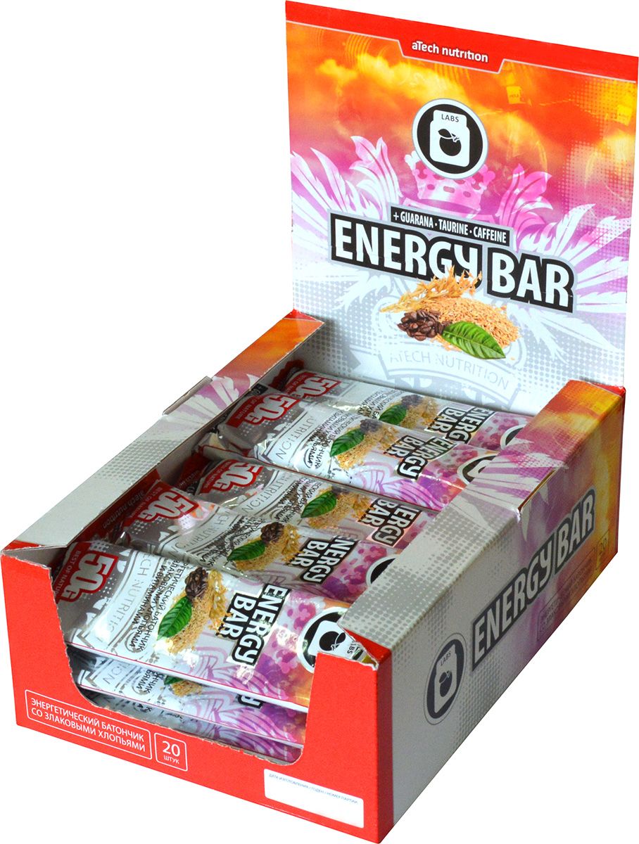 Спортивный батончик aTech Nutrition Energy Bar, гуарана, 50 г, 20 шт14630019671347 Спортивный батончик aTech Nutrition Energy Bar, гуарана, 50 г, 20 шт14630019671347Батончик Energy bar с содержанием гуараны и таурина станет отличным заменителем кофе и наделит вас дополнительной энергией как в разгар рабочего или учебного дня, так и перед тренировкой или просто разбудит ваш сонный мозг! Плод дикой гуараны широко известен своими полезными свойствами и высоким содержанием натуральных микроэлементов и витаминов. Особая его популярность обусловлена высоким содержанием настоящего кофеина, который применяется в спорте для восстановления сил и при похудении, так как, ускоряя обмен веществ он помогает сжигать лишние жиры и способствует снижению аппетита. В помощь кофеину и для усиления его воздействия применяется таурин, который улучшает концентрацию внимания и память, благотворно влияет на сосуды и укрепляет иммунитет. Находясь в автомобильной пробке или офисе, на отдыхе с друзьями или на парах, на велопрогулке или в спортзале - для восполнения энергии при отсутствии возможности полноценного приема пищи или между ними воспользуйся батончиками от...