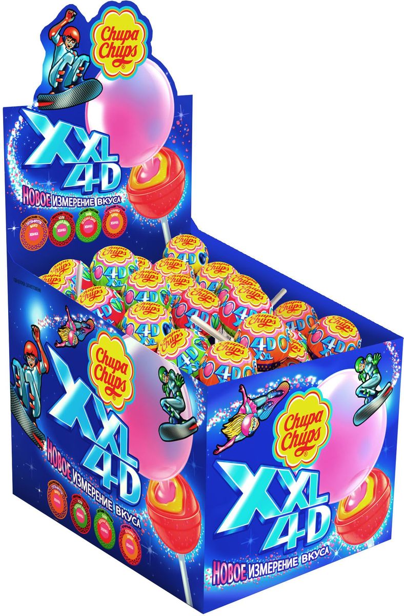 Chupa Chups карамель XXL 4D ассорти, 40 штук по 29 г8252695 Chupa Chups карамель XXL 4D ассорти, 40 штук по 29 г8252695Chupa Chups XXL 4D - самая большая карамель на палочке с жевательной резинкой. В шоубоксе 40 Чупа Чупсов, с четырёхмерным вкусом: 2 слоя карамели + гранулы, которые дарят абсолютно новое ощущение вкуса и яркие эмоции + жевательная резинка. Вкусы: лимон и земляника + мятные гранулы; тутти-фрутти и манго + мандариновые гранулы; кола и дыня + вишнёвые гранулы; клубника и банан + черничные гранулы.