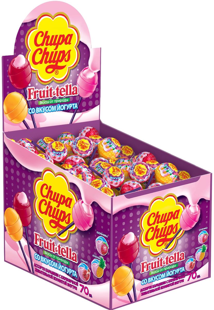 Chupa Chups карамель Fruttella Йогурт ассорти, 70 шт по 17 г8251142 Chupa Chups карамель Fruttella Йогурт ассорти, 70 шт по 17 г8251142Карамель Чупа Чупс + Fruit-tella Йогурт - карамель на палочке с фруктовым соком и жевательной конфетой Фрут-телла внутри. Вкусы: клубника, яблоко, апельсин.