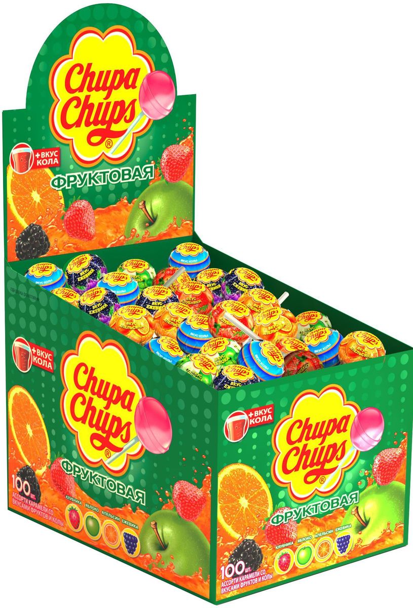Chupa Chups карамель Ассорти, 100 штук по 12 г8252798 Chupa Chups карамель Ассорти, 100 штук по 12 г8252798Кaрамель Чупа Чупс. Ассорти вкусов с натуральным соком: клубники, зеленого яблока, апельсина, ежевики, а также вкуса колы.