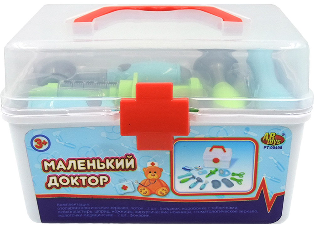 ABtoys Игровой набор Маленький доктор 15 предметовPT-00495(WK-B7971) ABtoys Игровой набор Маленький доктор 15 предметовPT-00495(WK-B7971)Игровой набор ABtoys Маленький доктор включает в себя 15 предметов, при помощи которых ребенок сможет производить осмотр игрушечным пациентам, назначать лечение, и лечить. Набор доктора упакован в кейс, у которого крышка прозрачная, и сразу видно, что все инструменты на своих местах. С этим замечательным набором малыш сможет почувствовать себя квалифицированным специалистом. Теперь все игрушки будут совершенно здоровы!