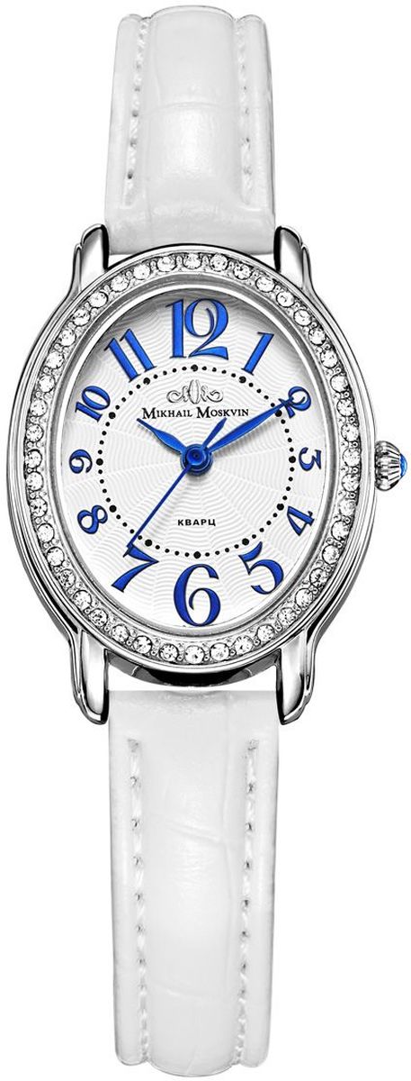 Часы наручные женские Mikhail Moskvin Каприз, цвет: серебристый. 558-6-1558-6-1 Часы наручные женские Mikhail Moskvin Каприз, цвет: серебристый. 558-6-1558-6-1Очаровательная модель коллекции «Каприз», выпущенной Угличским часовым заводом, создана в совершенной гармонии различных элементов стиля. Овальный лаконичный корпус шириной 26 мм украшен блеском дорожки из сверкающих стразов. Покрытие выполнено по современным технологиям - IPS-напылением ионами стали. На классическом белом гильошированном поле циферблата необычные развернутые цифры цвета синей стали. Управляет часами высокоточный кварцевый механизм производства фирмы Seiko Epson (Япония). Срок службы элемента питания 2 года. Тонкие синие стрелки органично вписываются в дизайн циферблата. Надежная стальная застежка фиксирует белый ремень, стилизованный под кожу крокодила, на запястье.
