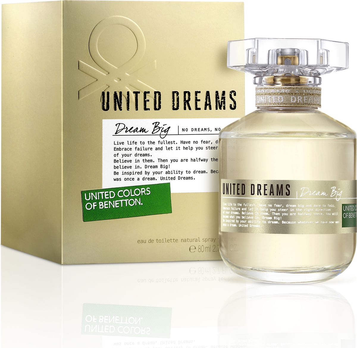 Benetton Dream Big Туалетная вода женская 80 мл65105330 Benetton Dream Big Туалетная вода женская 80 мл65105330Аромат открывается свежестью нот итальянских цитрусовых. В сердце DREAM BIG звучит притягательный цветочный букет из жасмина и едва уловимой фрезии, контрастирующей с интенсивной соблазнительностью туберозы. Почти гипнотическую силу аромату придает окутанный восточными оттенками и мускусом теплый шлейф экзотических древесных нот. DREAM BIG -- нежный и женственный аромат, пробуждающий желание расти вместе с твоими мечтами. Верхняя нота: Бергамот, Мандарин, Груша Средняя нота: Жасмин, Фрезия, Тубероза, Фиалка Шлейф: Пачули и Тубероза создают дерзкий и провоцирующий нюанс Нанести на кожу, избегая попадания в глаза.