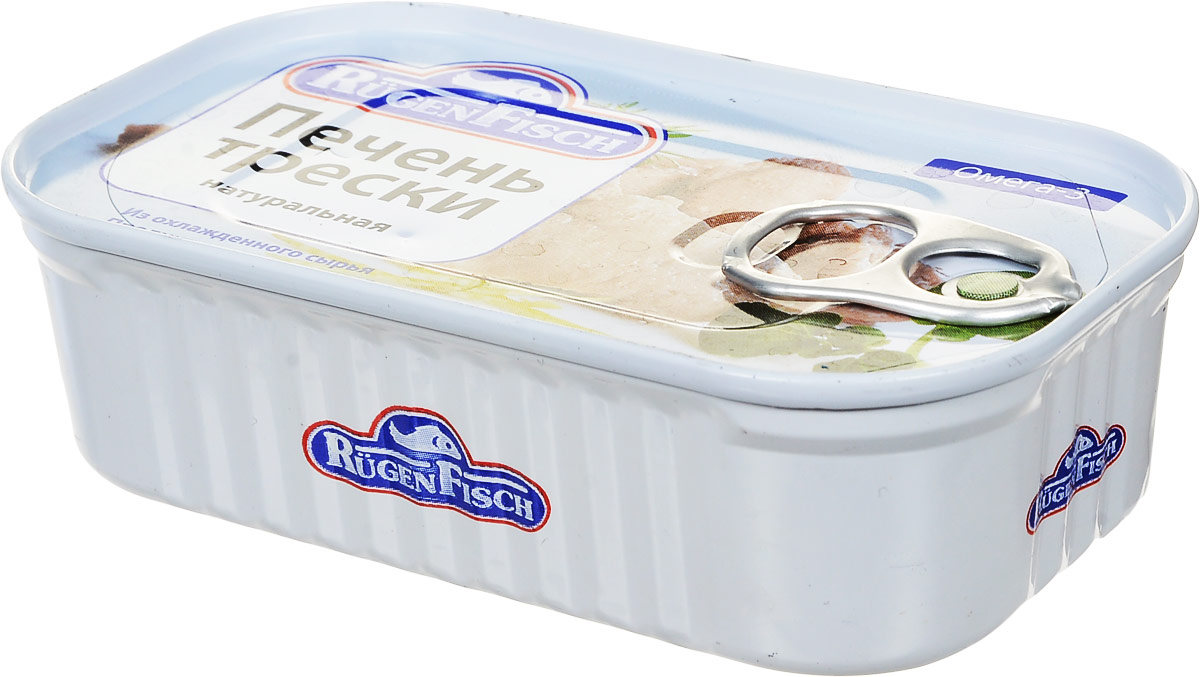 Rugen Fisch печень трески натуральная, 115 г79020 Rugen Fisch печень трески натуральная, 115 г79020Rugen Fisch - настоящая печень трески из Исландии. Печень разложена в банке целостными кусочками. Печень трески является источником рыбьего жира, содержит в значительном количестве ряд важных для организма человека веществ: витамины А, D, E, ненасыщенные жирные кислоты, фолиевую кислоту, белки.