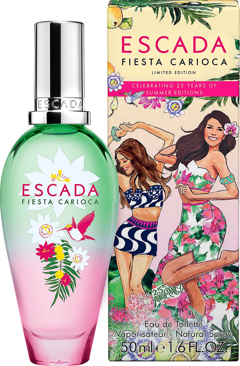 Escada Fiesta Carioca - Туалетная вода женская 50 мл0730870229033 Escada Fiesta Carioca - Туалетная вода женская 50 мл0730870229033В честь 25-летнего юбилея летних лимитированных ароматов от ESCADA бренд дарит своим поклонникам праздник жизни, лета и страсти, представляя новый аромат ESCADA FIESTA CARIOCA. Композиция состоит из ярких фруктовых и цветочных нот, пробуждающих радость бесконечного лета. С ней вы мгновенно переноситесь в мир солнца, тепла и ярких летних эмоций. Сначала вас увлекает за собой сочный аккорд бразильской маракуйи, дополненный нотой ароматной красной малины из Европы, отдающей дань немецким корням Модного дома. В сердце аромата вибрируют страстные нотки пассифлоры и смешиваются с благоухающими цветами апельсина, которые напоминают ласковое прикосновение солнечных лучей к коже. Пленительные фруктово-цветочные ноты уступают место нотам мускуса и кедра в базе, добавляя присущую всем ароматам ESCADA чувственность. Раскройте свою страсть вместе с ESCADA Fiesta Carioca – праздничным ароматом и квинтэссенцией 25-ти лет страсти, летнего настроения и радости жизни!
