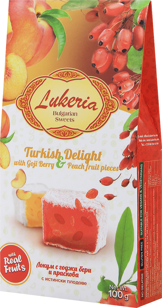 Lukeria рахат-лукум с ягодой годжи и персиком, 100 гL10043 Lukeria рахат-лукум с ягодой годжи и персиком, 100 гL10043История восточных сладостей насчитывает многие тысячелетия. Благодаря гурманам Ближнего и Среднего Востока во всем мире стали известны халва, нуга, пахлава и, конечно, знаменитый рахат-лукум - уже сами эти названия содержат привкус восточных сказок. Отличало их также то, что восточные сладости можно было хранить в теплом климате, и они не теряли своей свежести и не портились. Экзотические лакомства далекого Востока в течение долгого времени были неизвестны европейцам. В Европе они появились примерно в XVII-XVIII веках, их подавали в самых богатых домах как изысканные деликатесы. Вскоре восточные сладости стали признаком тонкого вкуса. Уважаемые клиенты! Обращаем ваше внимание, что полный перечень состава продукта представлен на дополнительном изображении.