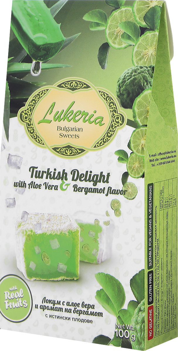 Lukeria рахат-лукум с алоэ вера и ароматом бергамота, 100 гL10040 Lukeria рахат-лукум с алоэ вера и ароматом бергамота, 100 гL10040История восточных сладостей насчитывает многие тысячелетия. Благодаря гурманам Ближнего и Среднего Востока во всем мире стали известны халва, нуга, пахлава и, конечно, знаменитый рахат-лукум - уже сами эти названия содержат привкус восточных сказок. Отличало их также то, что восточные сладости можно было хранить в теплом климате, и они не теряли своей свежести и не портились. Экзотические лакомства далекого Востока в течение долгого времени были неизвестны европейцам. В Европе они появились примерно в XVII-XVIII веках, их подавали в самых богатых домах как изысканные деликатесы. Вскоре восточные сладости стали признаком тонкого вкуса. Уважаемые клиенты! Обращаем ваше внимание, что полный перечень состава продукта представлен на дополнительном изображении.