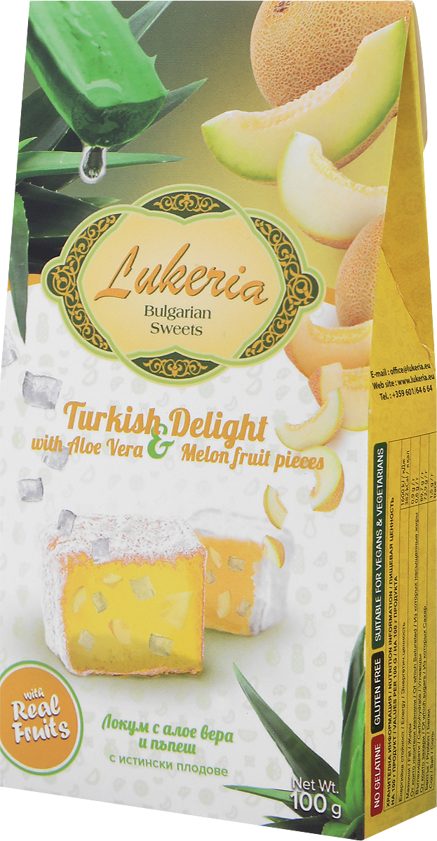 Lukeria рахат-лукум с алоэ вера и дыней, 100 гL10041 Lukeria рахат-лукум с алоэ вера и дыней, 100 гL10041История восточных сладостей насчитывает многие тысячелетия. Благодаря гурманам Ближнего и Среднего Востока во всем мире стали известны халва, нуга, пахлава и, конечно, знаменитый рахат-лукум - уже сами эти названия содержат привкус восточных сказок. Отличало их также то, что восточные сладости можно было хранить в теплом климате, и они не теряли своей свежести и не портились. Экзотические лакомства далекого Востока в течение долгого времени были неизвестны европейцам. В Европе они появились примерно в XVII-XVIII веках, их подавали в самых богатых домах как изысканные деликатесы. Вскоре восточные сладости стали признаком тонкого вкуса. Уважаемые клиенты! Обращаем ваше внимание, что полный перечень состава продукта представлен на дополнительном изображении.