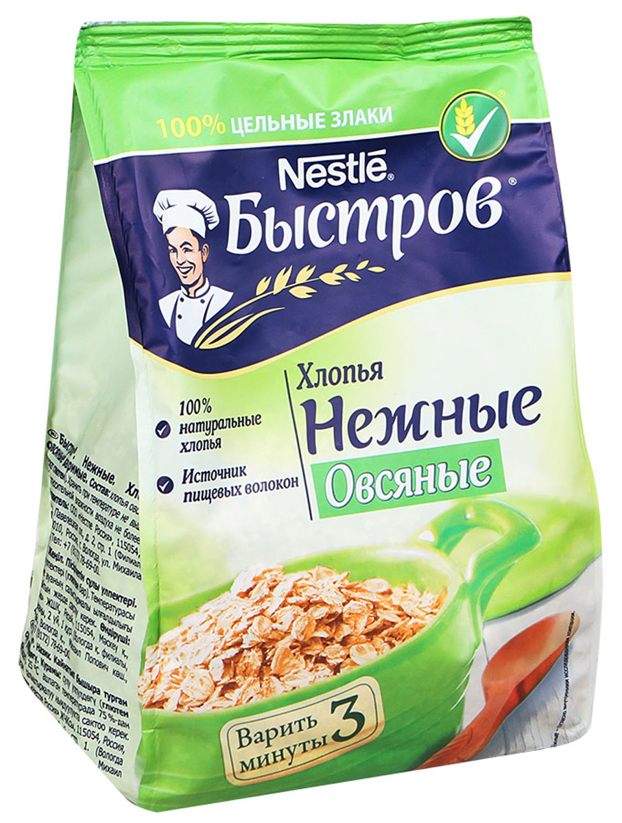 Быстров Хлопья овсяные нежные варимые, 350 г12227020 Быстров Хлопья овсяные нежные варимые, 350 г12227020Хлопья Быстров изготовлены на 100% из цельных злаков, которые содержат все компоненты зерна в природном соотношении. Они сохраняют всю природную пользу - ценные пищевые волокна (клетчатку), минеральные вещества и витамины. Овсяные хлопья Быстров богаты пищевыми волокнами, которые улучшают пищеварение, нормализуя работу желудочно-кишечного тракта. Чтобы хорошо чувствовать себя, взрослому человеку необходимо съедать 30 грамм пищевых волокон в день.
