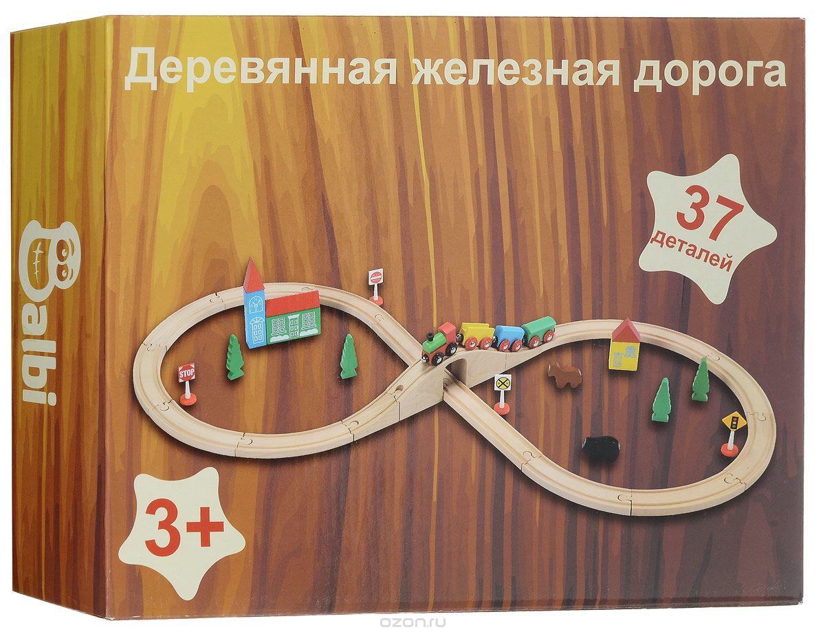Balbi Железная дорога 37 элементовWT-049 Balbi Железная дорога 37 элементовWT-049Железная дорога Balbi обязательно понравится вашему ребенку и не позволит ему скучать. Набор включает в себя 37 элементов, выполненных из дерева натуральных пород и пластика, некоторые элементы окрашены нетоксичной краской. Из этих деталей ребенок может собрать железную дорогу с мостом, по которой будет ездить паровозик с тремя прицепными вагонами. Вагончики цепляются к паровозу и друг другу с помощью магнита. Вокруг железной дороги можно расположить вокзал, фигурки животных, деревья и дорожные знаки. Игровой набор Balbi Деревянная железная дорога способствует развитию у ребенка мелкой моторики рук, координации движений, воображения и творческого мышления. В набор входят: железная дорога с мостом, вокзал, дом, паровозик, 3 вагончика, 4 дорожных знака, 4 дерева, 2 фигурки животных.