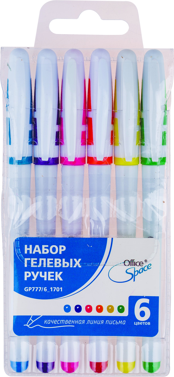 OfficeSpace Набор гелевых ручек 6 цветов GP777/6_1701GP777/6_1701 OfficeSpace Набор гелевых ручек 6 цветов GP777/6_1701GP777/6_1701Набор гелевых ручек OfficeSpace отлично подойдет для оформления конспектов и других текстов, а также альбомов, дневников и открыток. Ручка имеет пишущий узел толщиной 1 миллиметр, который оставляет на бумаге след в 0,8 миллиметров. Корпус изделий выполнен из прозрачного пластика, цвет колпачка соответствует цвету чернил. В набор входят 6 ручек различных цветов.