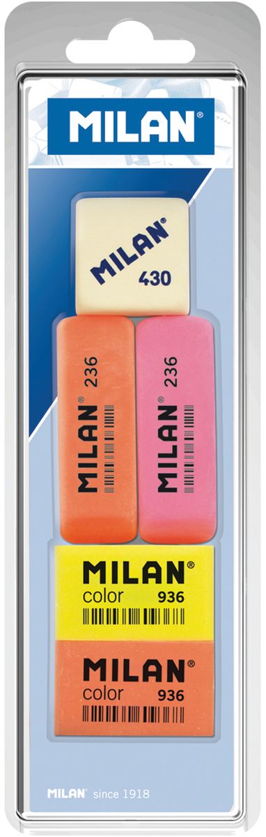 Milan Набор ластиков 236, Color 936 и 430 5штBVM97010 Milan Набор ластиков 236, Color 936 и 430 5штBVM97010Комплект синтетических ластиков Milan для работы с различными видами графитовых карандашей. Универсальные ластики 236 и 936 могут стирать цветные пигменты и чернила. Ластик 236 имеет скошенную форму с тонкими краями.