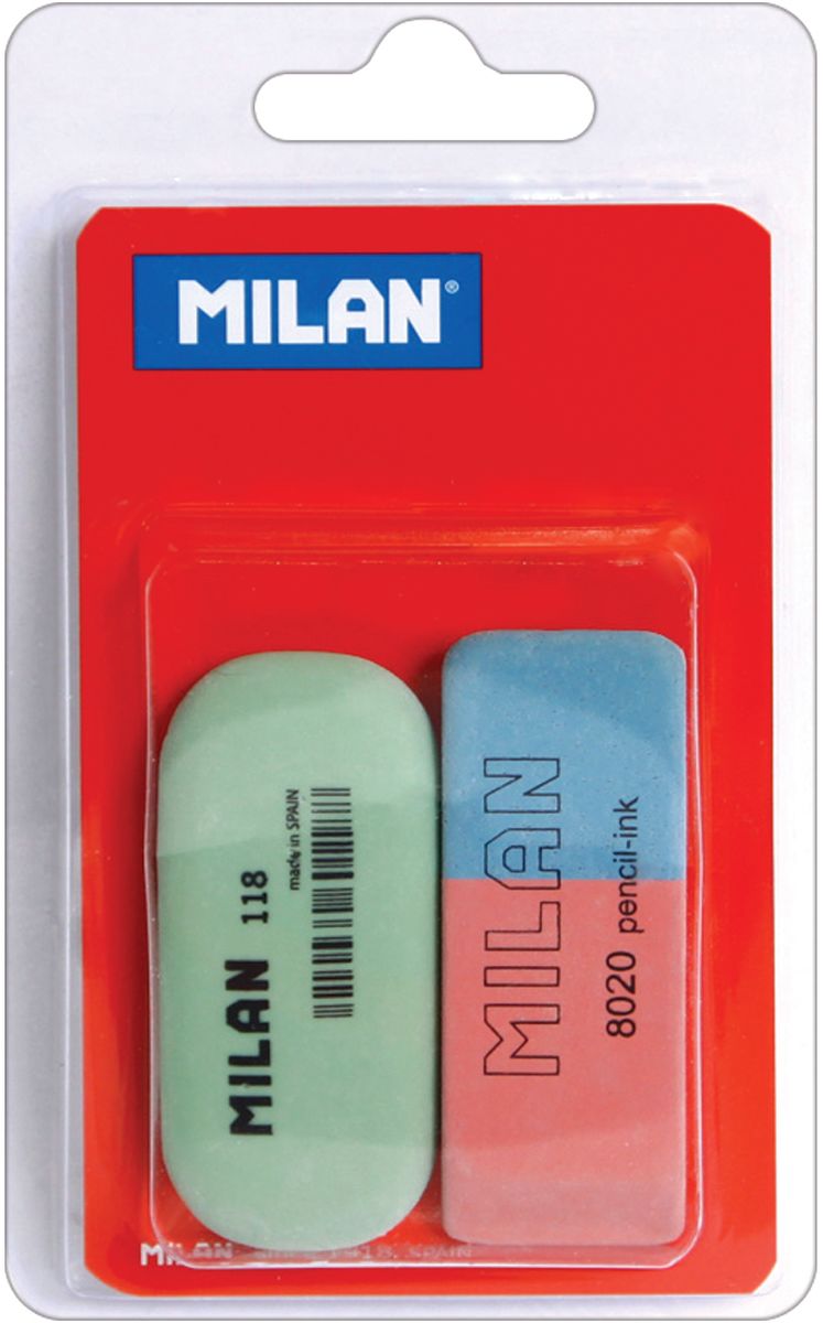 Milan Набор ластиков 8020 и 118 2штBVM9216 Milan Набор ластиков 8020 и 118 2штBVM9216Комплект ластиков Milan включает в себя один натуральный и один синтетический ластик для работы с цветными пигментами и чернилами.