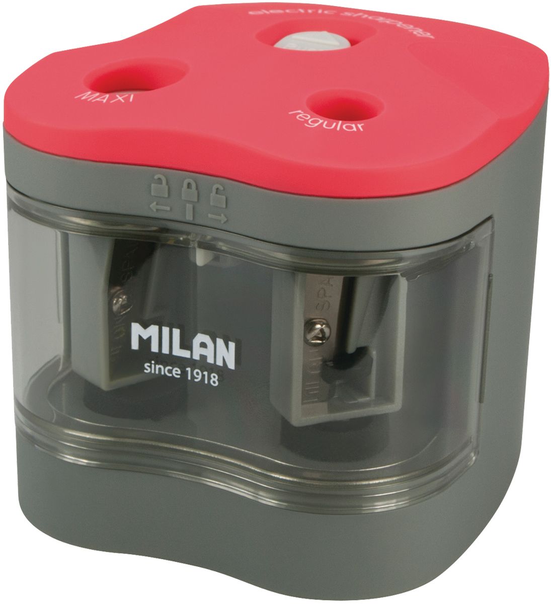 Milan Точилка электрическая Maxi Regular с контейнеромBWM10278 Milan Точилка электрическая Maxi Regular с контейнеромBWM10278Электрическая точилка Milan Maxi Regular с контейнером имеет острые, устойчивые к повреждению лезвия. Точилка идеально подходит для графитовых и цветных карандашей. Съемная передняя крышка для обеспечения утилизации стружки. В блистерной упаковке точилка и 4 батарейки 1,5V.