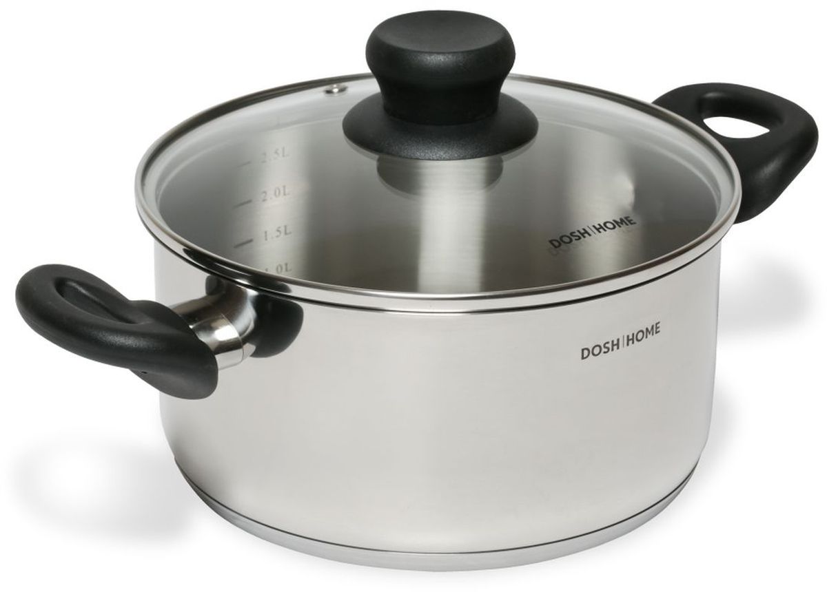 Кастрюля Dosh l Home TAURUS с крышкой, 3 л200404 Кастрюля Dosh l Home TAURUS с крышкой, 3 л200404Отличная посуда для домашнего и профессионального использования. Изготовлено из первоклассной нержавеющей стали (cталь марки 304 — это аустенитная сталь с низким содержанием углерода. В России согласно ГОСТ её аналогом является сталь марки 18/10), толщина стенки 0,5 мм, снабжено толстым многослойным дном (алюминиемое капсульное дно толщиной 1,8 мм) и эргономичными пластиковыми ручками. Крышка из стекла и нержавеющей стали (304) с отверстием для пара позволяет полностью контролировать процесс приготовления. Внутренние стенки обработаны мелкозернистым песком до матовости, имеется мерная шкала. Внешняя поверхность обработана до зеркального блеска, имеется логотип. Подходит для всех типов плит – газовых, электрических, стеклокерамических и индукционных, можно мыть в посудомоечной машине.