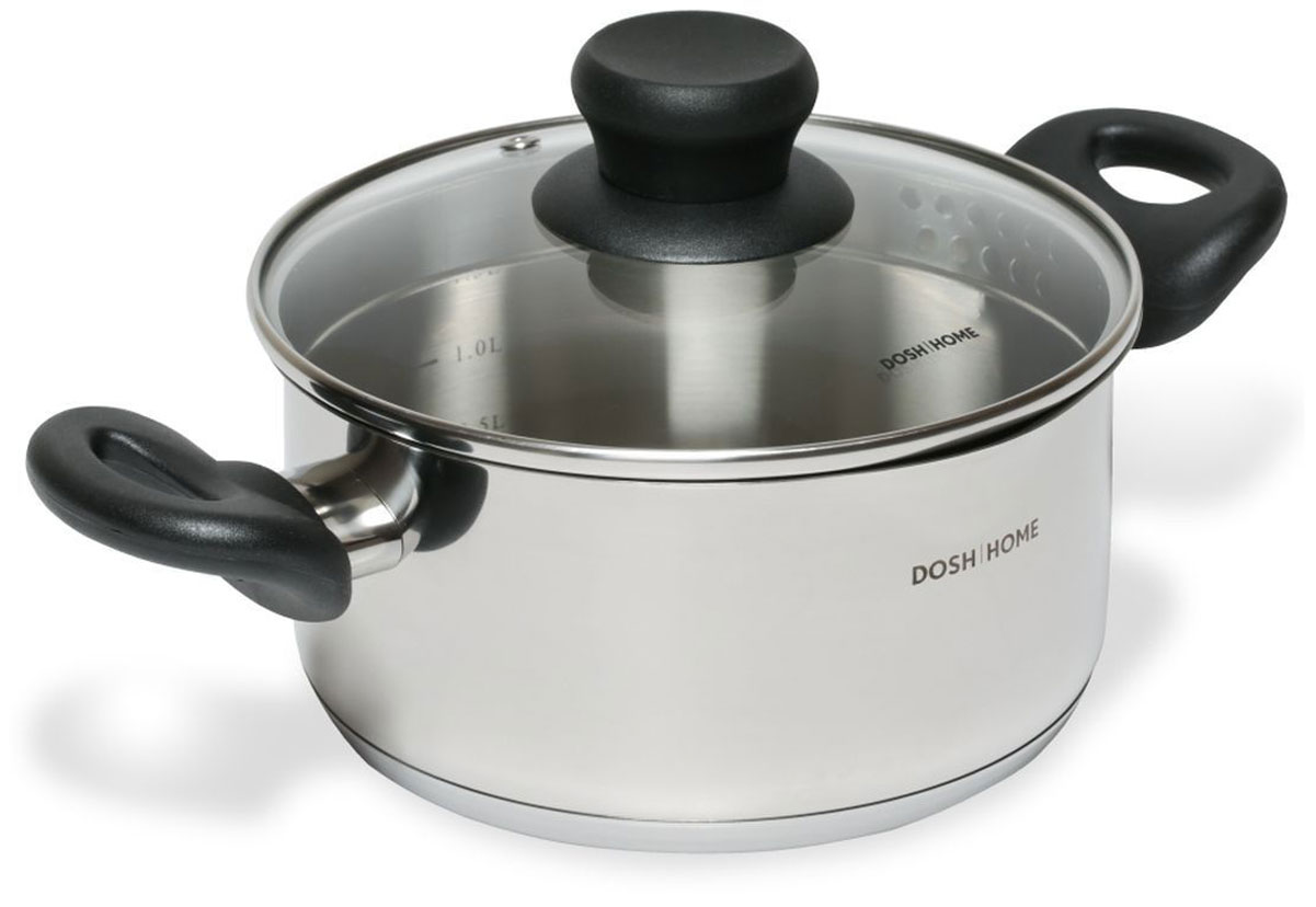 Кастрюля Dosh l Home TAURUS с крышкой, с воронкой, 2 л200452 Кастрюля Dosh l Home TAURUS с крышкой, с воронкой, 2 л200452Отличная посуда для домашнего и профессионального использования, с воронкой и крышкой из стекла и нержавеющей стали, с маленькими и большими отверстиями для удобного сцеживания. Изготовлено из первоклассной нержавеющей стали(cталь марки 304 — это аустенитная сталь с низким содержанием углерода. В России согласно ГОСТ её аналогом является сталь марки 18/10), толщина стенки 0,6 мм, снабжено толстым многослойным дном (алюминиемое капсульное дно толщиной 1,8 мм), эргономичными пластиковыми ручками и измерительной шкалой. Внутренние стенки обработаны мелкозернистым песком до матовости. Внешняя поверхность обработана до зеркального блеска, имеется логотип. Подходит для всех типов плит – газовых, электрических, стеклокерамических и индукционных, можно мыть в посудомоечной машине.