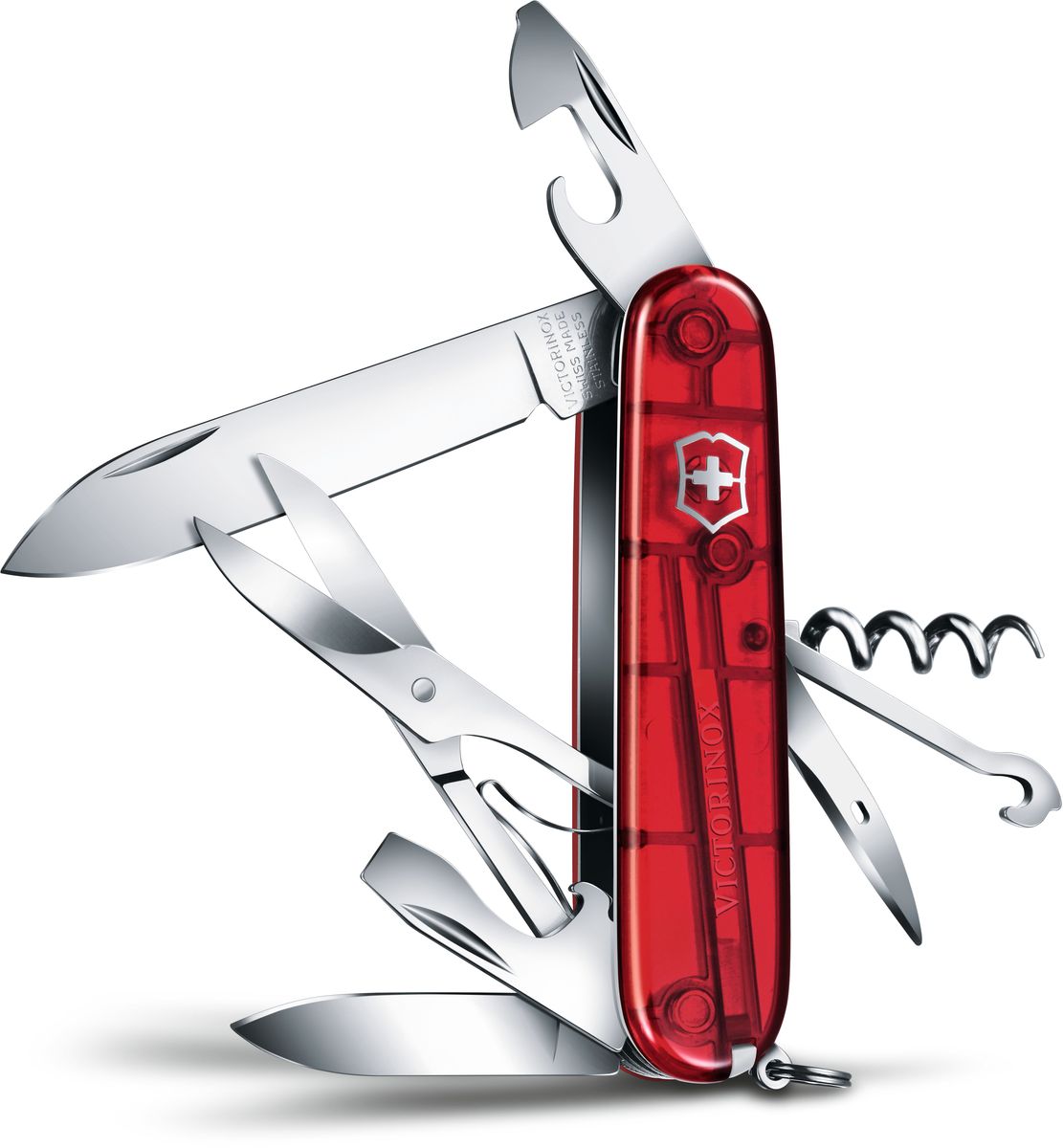 Нож перочинный Victorinox Climber, 14 функций, цвет: красный, длина клинка 68 мм1.3703.T Нож перочинный Victorinox Climber, 14 функций, цвет: красный, длина клинка 68 мм1.3703.TМаленький красный карманный нож с эмблемой креста на щите на рукояти — самый узнаваемый символ компании Victorinox.В 1897 году основатель компани Карл Эльзенер разработал первый «Швейцарский армейский нож».Более 130 лет компания Victorinox разрабатывает продукты,которые не просто уникальны по дизайну и качеству,но и способны стать верными спутниками по жизни как для великих,так и для небольших приключений. VICTORINOX Арт. 1.3703.T Швейцарский армейский нож CLIMBER имеет 14 функций: 1. Большое лезвие 2. Малое лезвие 3. Штопор 4. Консервный нож с: 5. – Малой отвёрткой 6. Открывалка для бутылок с: 7. – Отвёрткой 8. – Инструментом для снятия изоляции 9. Шило, кернер 10. Кольцо для ключей 11. Пинцет 12. Зубочистка 13. Ножницы 14. Многофункциональный крючок Цвет рукояти: полупрозрачный красный Рекомендуемые чехлы: 4.0480.1, 4.0480.3, 4.0520.1, 4.0520.3, 4.0520.31, 4.0520.32, 4.0543.3, 4.0533 Рекомендуемые аксессуары: Инструмент для заточки: 4.3311, 4.3323, 4.0567.32 Держатели на ремень:...