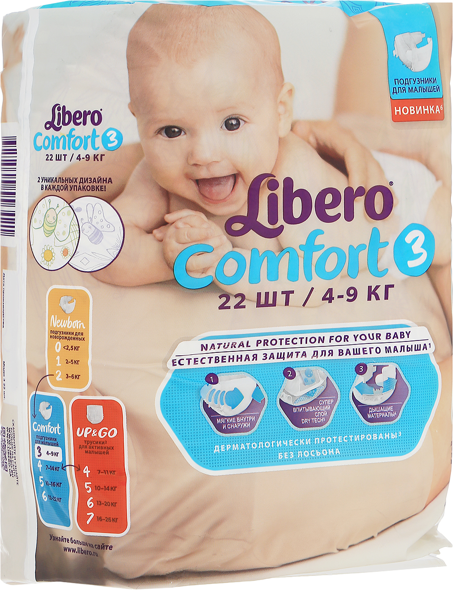 Libero Подгузники Comfort (4-9 кг) 22 шт4635 Libero Подгузники Comfort (4-9 кг) 22 шт4635Подгузники премиум-класса Libero Comfort, выполненные из мягкого ультратонкого материала, отлично сидят и заботятся о сухости и комфорте вашего малыша. Преимущества подгузников: Позволяют коже дышать, при этом хорошо впитывают; Эластичный удобный поясок и тянущиеся боковинки; С вырезом вокруг пупка, закрытым тонким дышащим материалом, предотвращающим натирание; Мягкие барьерчики от протекания по бокам и резиночки вокруг ножек; В упаковке 2 разных дизайна подгузников.