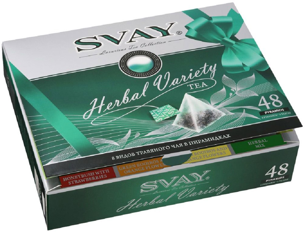 Svay Herbal Variety травяной чай в пирамидках, 48 шт (8 видов)4607003045081 Svay Herbal Variety травяной чай в пирамидках, 48 шт (8 видов)4607003045081Набор чая Herbal Variety создан для любителей легких, изысканных, исключительно натуральных напитков. Каждый травяной чай коллекции Herbal Variety богат витаминами и, благодаря высокому содержанию антиоксидантов, оказывает благоприятное влияние на иммунитет. Ощущение гармонии и легкости с каждым глотком Svay. Чай не содержит кофеина, ароматизаторов и других добавок. Коллекция включает 8 видов травяных и цветочных чаев в пирамидках: - Травяной чай Красный Ройбуш - Травяной чай Ханибуш - Травяной чай Зеленый Ройбуш - Зеленый Ройбуш и цветы апельсина - зеленый травяной чай ройбуш с цветами апельсина и листьями мяты - Ханибуш с ягодами клубники - травяной чай ханибуш с кусочками клубники и листьями малины - Чабрец с малиной - Ромашка с кусочками яблока - Травяной микс - травяной чай ройбуш с кусочками яблока, листьями мелиссы, мяты и вербены Уважаемые клиенты! Обращаем ваше внимание на то, что упаковка...