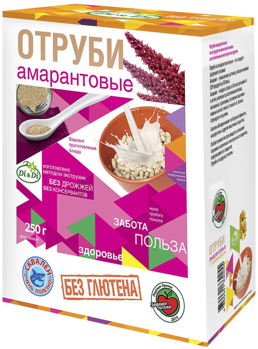 DI&Di отруби амарантовые безглютеновые, 250 г4650061330231 DI&Di отруби амарантовые безглютеновые, 250 г4650061330231Отруби из амарантовой муки - отличная добавка к супам, кашам. Амарантовая мука содержит множество полезных веществ: высококачественный белок, восемь незаменимых аминокислот. Для отрубей используется амарантовая, кукурузная и рисовая мука грубого помола, богатая пищевыми волокнами, которые необходимы для нормального пищеварения.