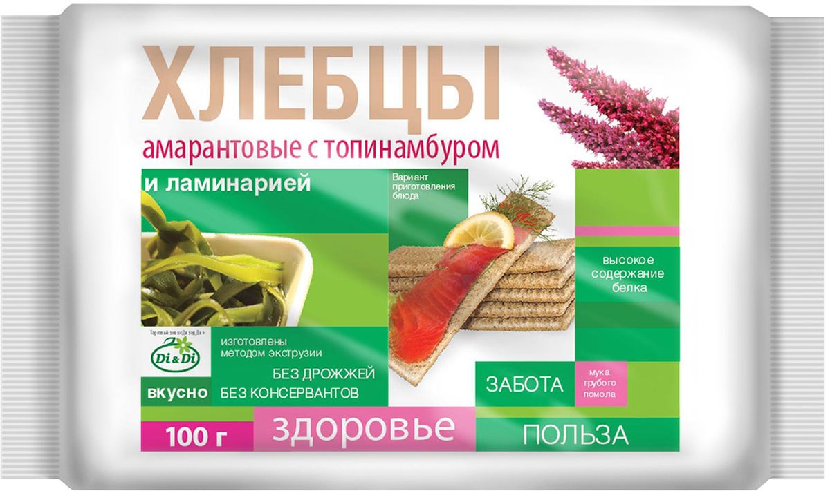 Di&Di хлебцы амарантовые с топинамбуром и ламинарией, 100 г4650061331269 Di&Di хлебцы амарантовые с топинамбуром и ламинарией, 100 г4650061331269Продукт функционального питания. Богат калием, кальцием, магнием, фосфором, железом.