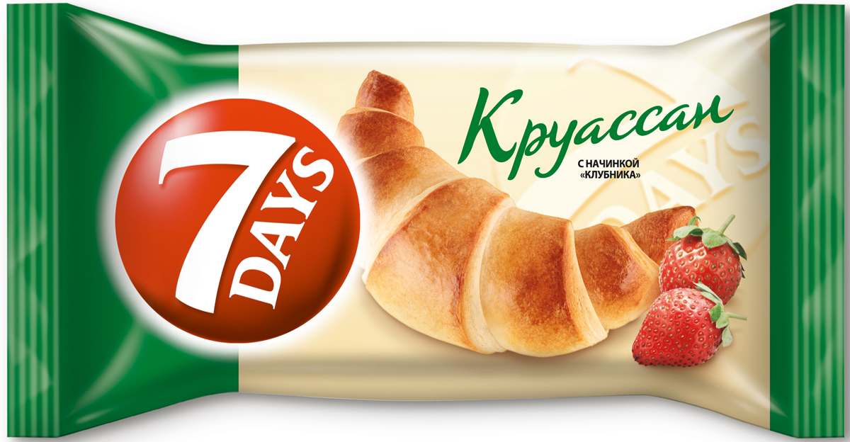 7DAYS Круассан с начинкой Клубника, 65 г52355 7DAYS Круассан с начинкой Клубника, 65 г52355Выпеченный для утоления голода круассан 7DAYS - это питательная порция выпечки, наполненная высококачественной кремовой или джемовой начинкой. Круассаны 7DAYS удобно упакованы и готовы к употреблению.