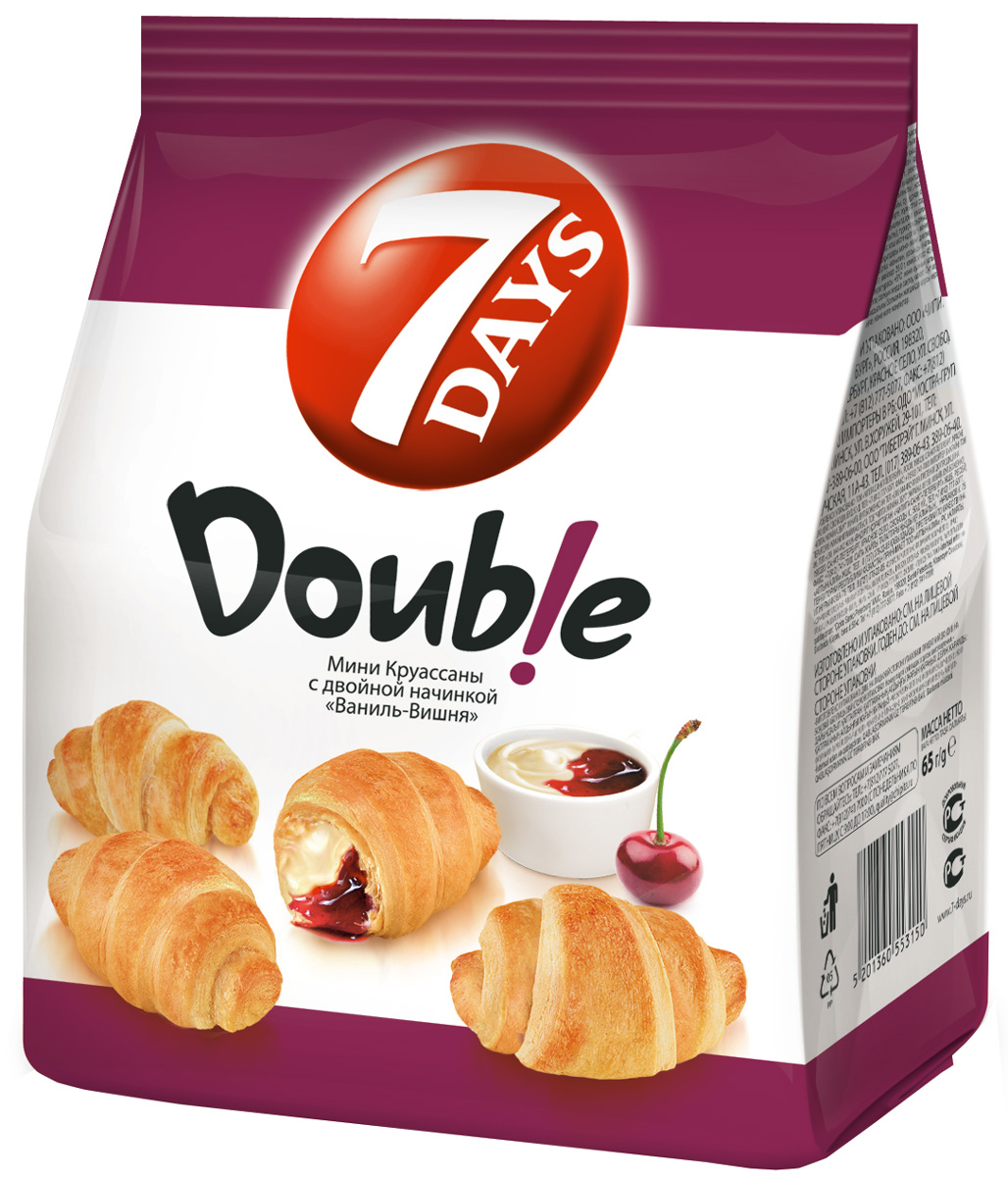 7DAYS Double! Мини-круассаны с двойной начинкой Ваниль-Вишня, 65 г56872 7DAYS Double! Мини-круассаны с двойной начинкой Ваниль-Вишня, 65 г56872Круассаны 7DAYS - готовая к употреблению выпечка из нежного теста с восхитительными кремовыми и джемовыми начинками. Мини-круассаны 7DAYS - это много маленьких вкусных круассанов в одной упаковке. На выбор потребителя представлен широкий ассортимент кремовых и джемовых начинок. Прекрасно сочетаются с чаем и кофе, идеально подходят для того, чтобы разделить их с близкими. Превосходный выбор снэка для потребления дома и на ходу. Воздушные мини-круассаны 7DAYS Double! с двойной начинкой, перед которыми невозможно устоять.