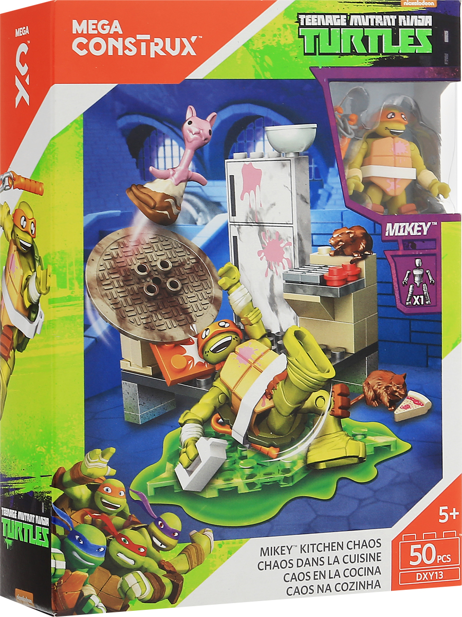 Mega Bloks Черепашки Ниндзя Конструктор Кухонный переполохDXY11_DXY13 Mega Bloks Черепашки Ниндзя Конструктор Кухонный переполохDXY11_DXY13Бросайся в бой вместе с черепашками, чтобы защитить свое логово! Черепашки идут в бой без промедления, когда их подземному дому грозит опасность! Прогони врагов прочь из дома черепашек с конструктором Mega Bloks Кухонный переполох! В этом наборе-конструкторе ты найдешь невероятно подвижную микрофигурку черепашки Микеланджело и небольшой фрагмент канализационного логова с уникальной пусковой установкой. Микеланджело (англ. Michelangelo) (вылупился 24 ноября) - добродушный и беззаботный. Микеланджело - главный весельчак в команде, чемпион битвы Нексус, отчего считает себя самым способным в команде и не очень любит тренировки. Становится гением в измерении Х. Любит читать комиксы и есть пиццу, обожает экстрим (скейтбординг в том числе). Микеланджело носит оранжевую маску и владеет парой нунчак. Назван в честь художника эпохи Возрождения Микеланджело Буонаротти. Собирай и соединяй конструктор с другими игрушками Mega Bloks. Построй мир черепашек от подземелий до улиц и...