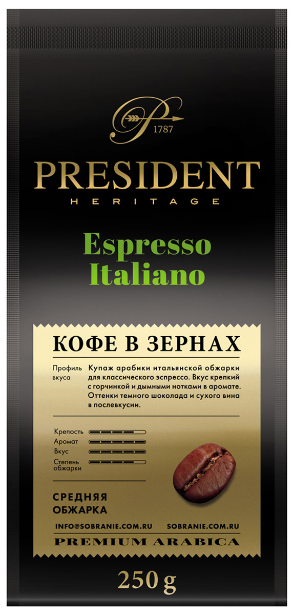President Espresso Italiano кофе в зернах, 250 г4670016472854 President Espresso Italiano кофе в зернах, 250 г4670016472854Купаж из зерен арабики, обжаренный по итальянскому рецепту для приготовления классического эспрессо – бодрящего, насыщенного, со стойкой пенкой.