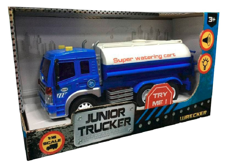 Dave Toy Водовоз инерционный33014 Dave Toy Водовоз инерционный33014Инерционный водовоз Dave Toy обладает световыми и звуковыми эффектами. Активировать их можно, нажав на кнопку, расположенную возле кабины водителя. Машинка окрашена в синий и белый цвета. На бочке, располагающейся за кабиной, имеется отличительная надпись Super Watering Cart. Благодаря инерционному механизму машина может проехать некоторое расстояние самостоятельно, для этого необходимо слегка оттянуть ее назад и отпустить. Рекомендуется докупить 3 батарейки напряжением 1,5V типа АG13 (товар комплектуется демонстрационными).