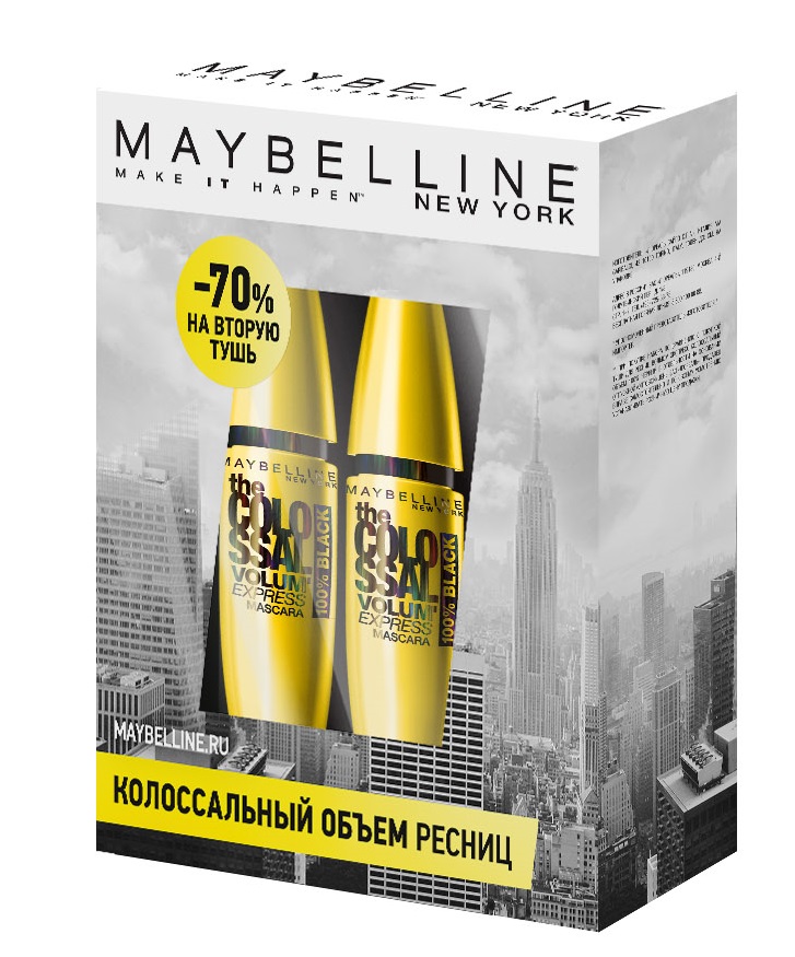 Набор Maybelline New York Тушь для ресниц The Colossal Volum Express, 100% объем, экстрачерный, 10,7 мл х2 - 70% на вторую тушьYRU03901 Набор Maybelline New York Тушь для ресниц The Colossal Volum Express, 100% объем, экстрачерный, 10,7 мл х2 - 70% на вторую тушьYRU03901Скидка 70% на вторую тушь. Формула с коллагеном и запатентованная Мегащеточка позволяет быстро создавать колоссальный объем ресниц. Формула с 100% черными пигментами делает ресницы еще более выразительными.